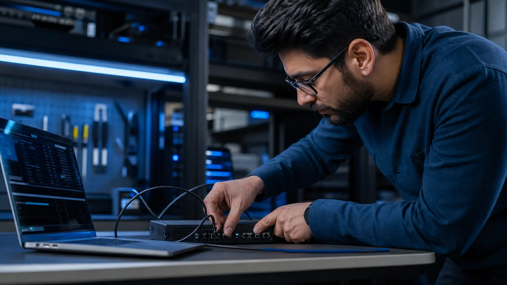 Especialista de seguridad verificando un dispositivo conectado en un laboratorio técnico
