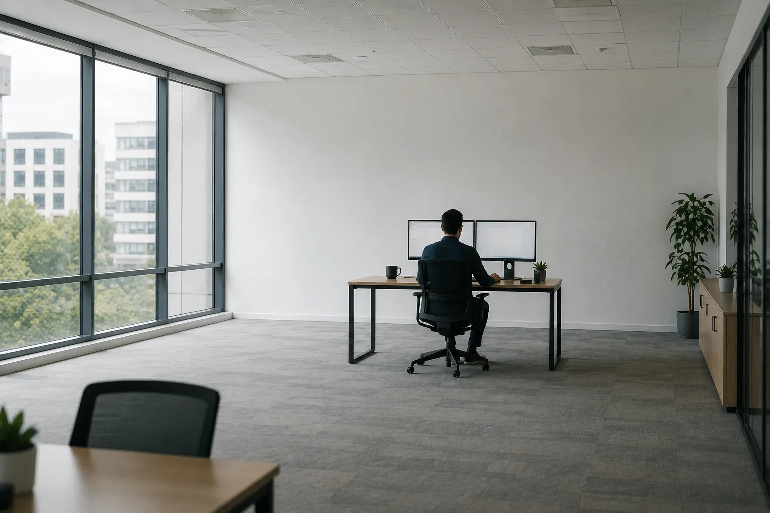 Profesional revisando correo corporativo en su puesto de trabajo